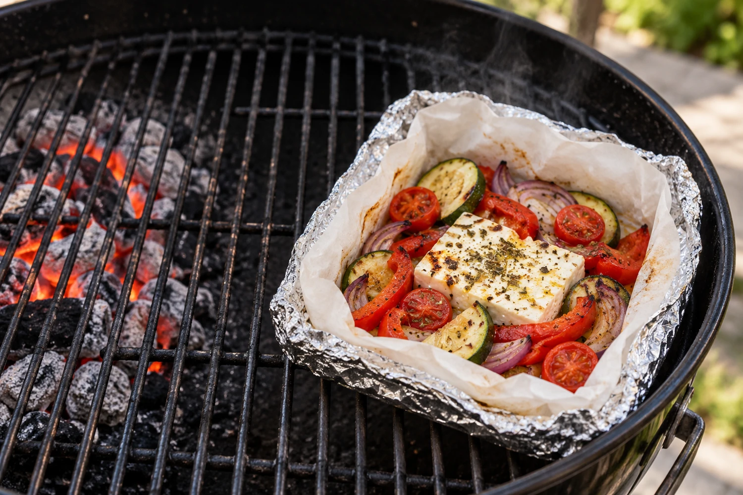 Fertiges geöffnetes Feta-Gemüse-Päckchen mit weicher Paprika und Zucchini in der indirekten Grillzone