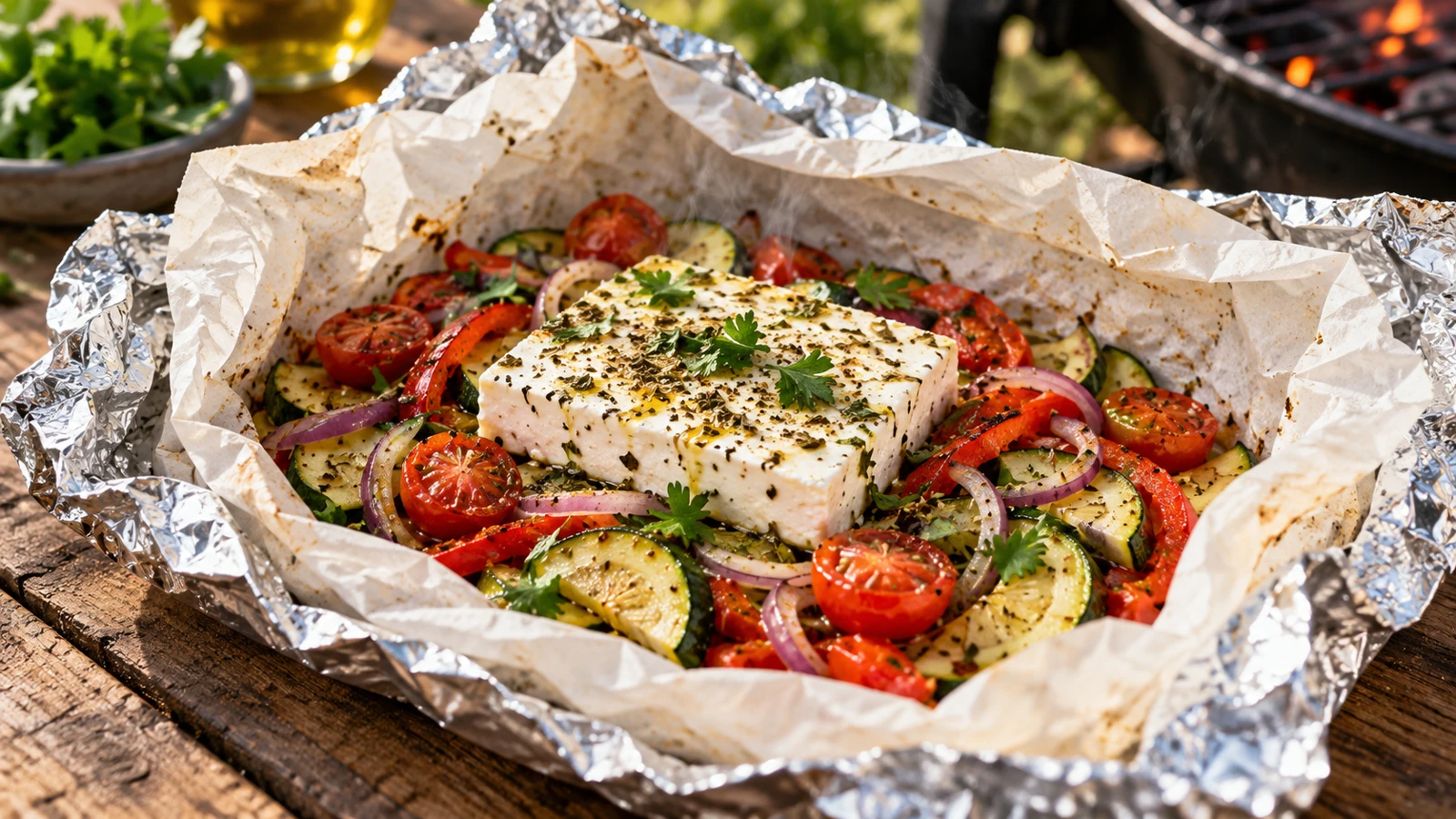 Geöffnetes Grillpäckchen mit Feta, Zucchini, Paprika und Tomaten auf einer inneren Lage Backpapier