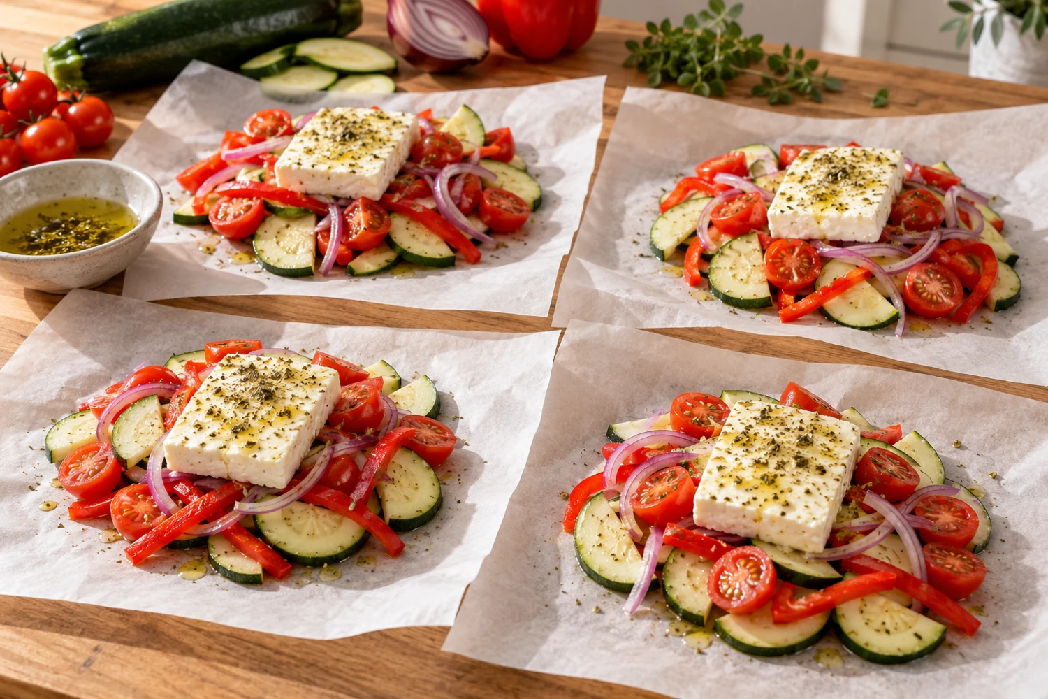 Dünn geschnittene Zucchini, Paprika, halbierte Tomaten und rote Zwiebel mit Feta auf Backpapier