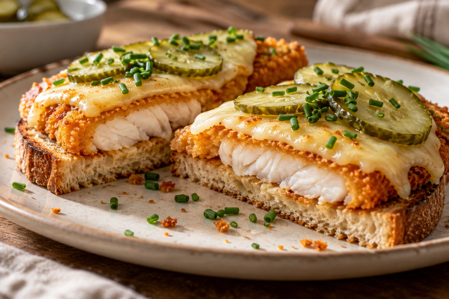 Diagonal geschnittener Fischstäbchen-Toast mit geschmolzenem Käse und Gurken