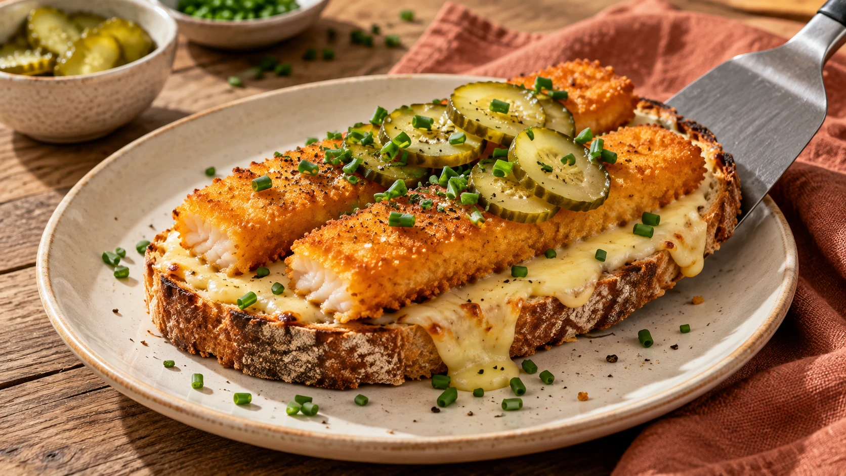 Offener Fischstäbchen-Toast mit Käse, Gurkenscheiben und Schnittlauch auf einem Teller