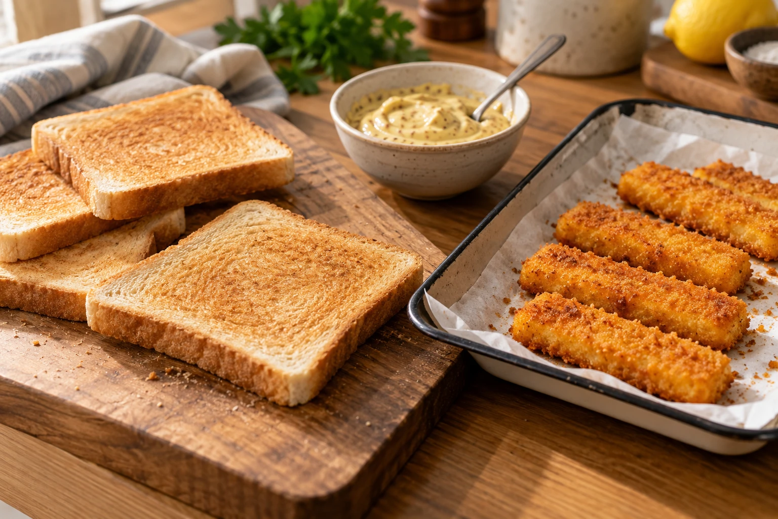 Vorgetoastete Brotscheiben neben separat gegarten Fischstäbchen
