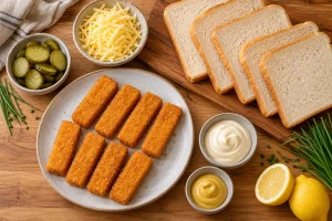 Fischstäbchen, Sandwichbrot, geriebener Käse, Gurken, Mayonnaise und Senf