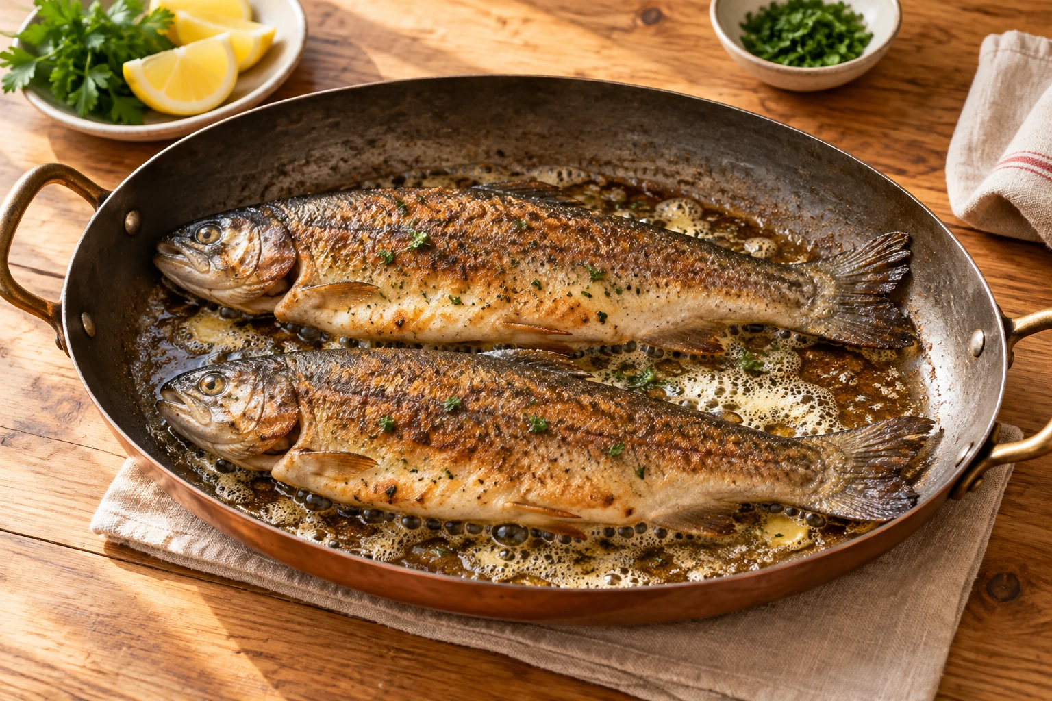 Zwei Forellen braten nebeneinander in einer ovalen Fischpfanne