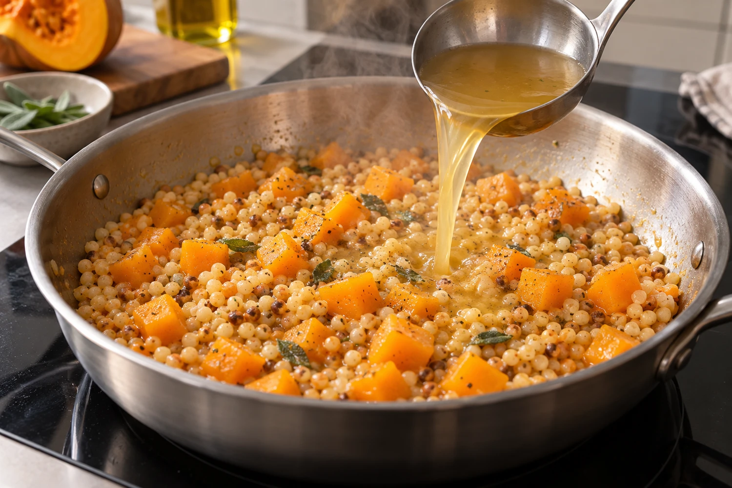 Heiße Gemüsebrühe wird zu Fregola sarda und Kürbiswürfeln in einer breiten Pfanne gegossen