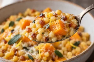 Löffel mit cremig umhüllten einzelnen Fregola-Perlen und einem zarten Kürbiswürfel