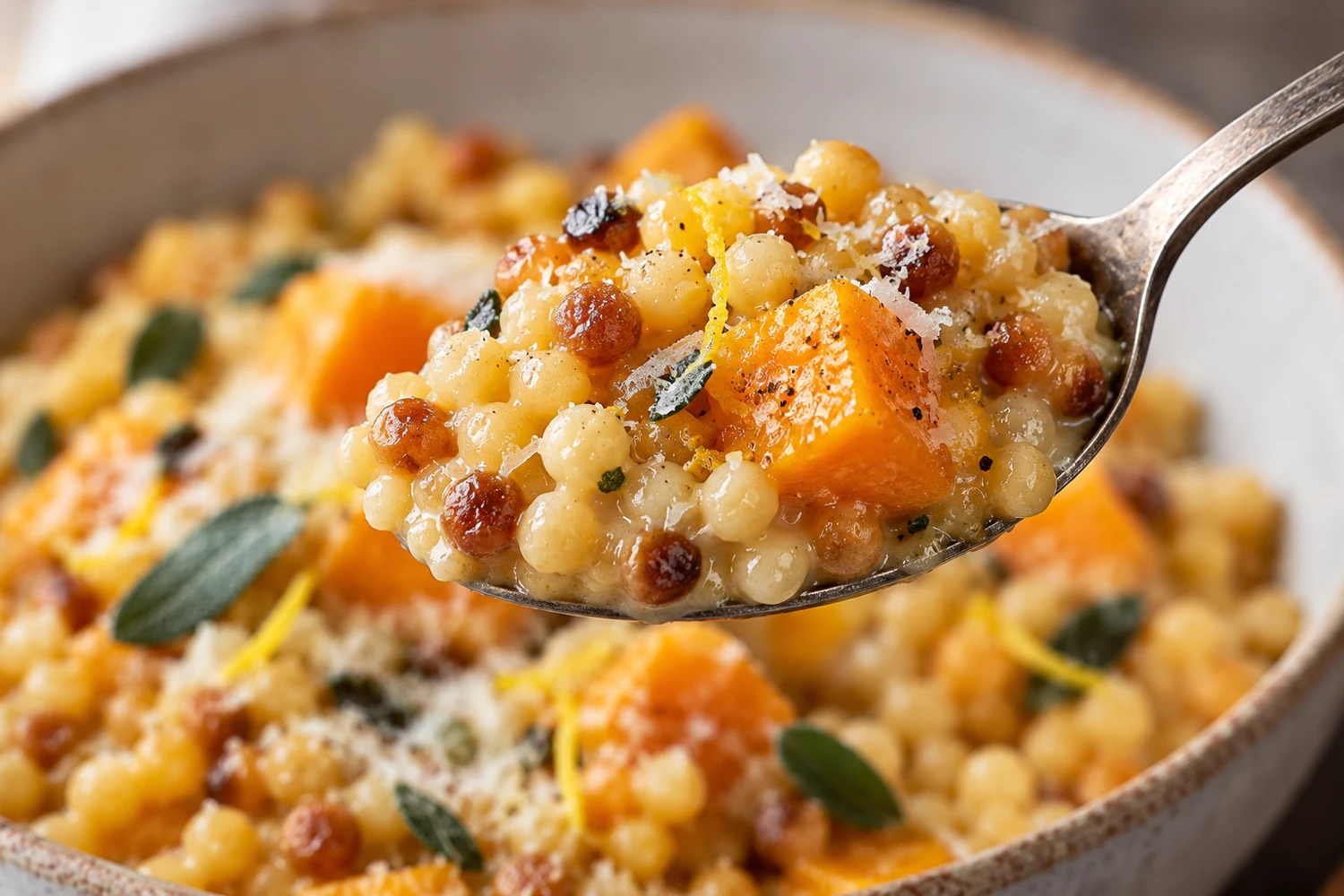 Nahaufnahme eines Löffels mit einzeln erkennbarer Fregola, cremiger Sauce und einem Kürbiswürfel