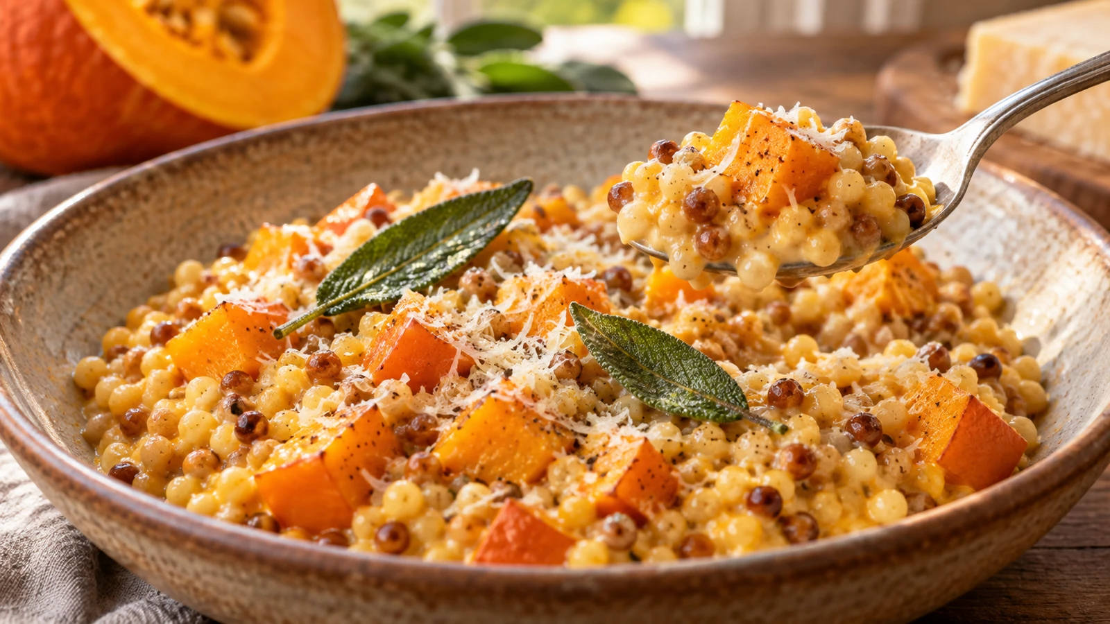 Cremige Fregola sarda mit Kürbiswürfeln, Parmesan und Salbei, auf einem Löffel angehoben
