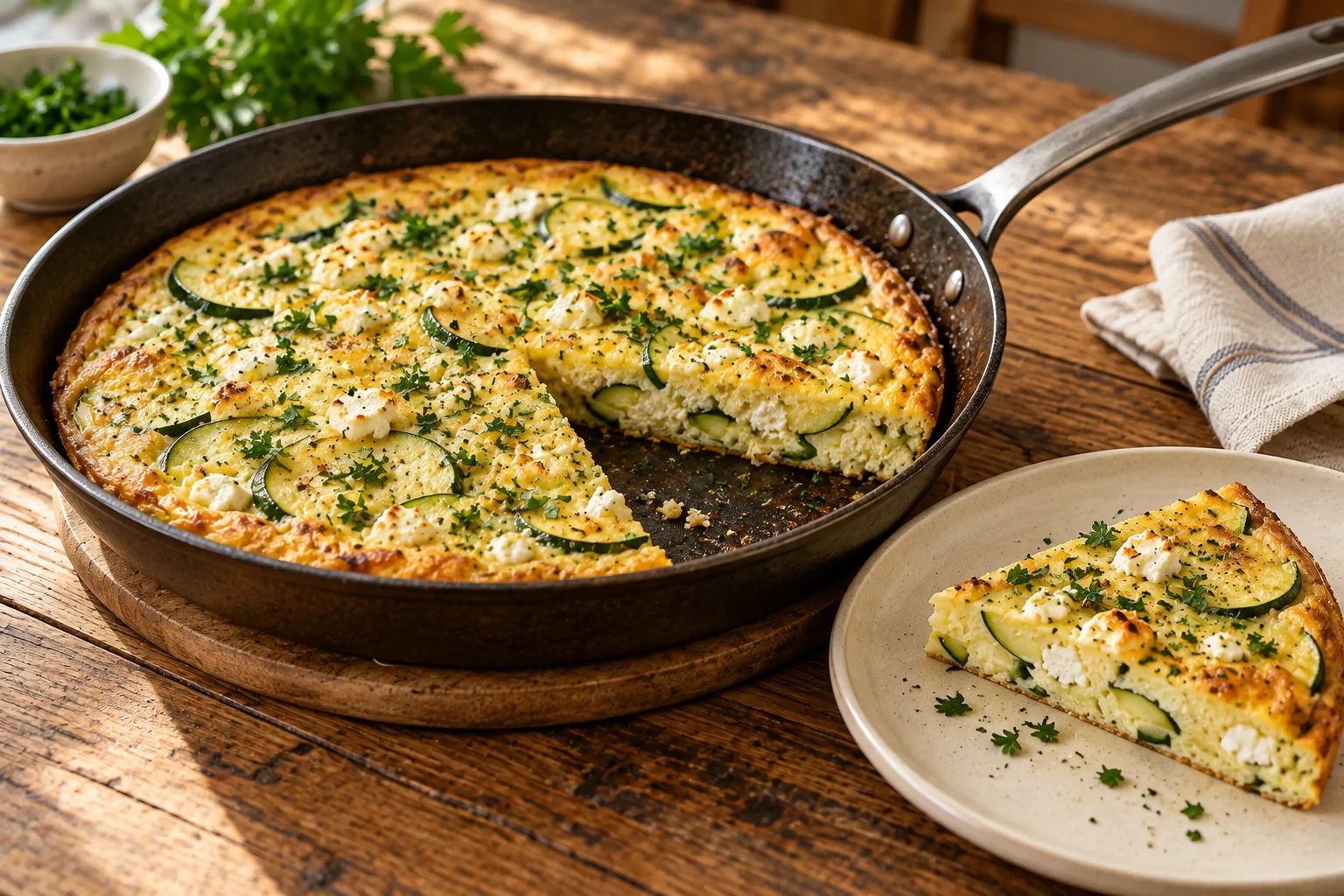 Frittata mit Zucchini und Feta in einer ofenfesten Pfanne mit herausgehobenem Stück
