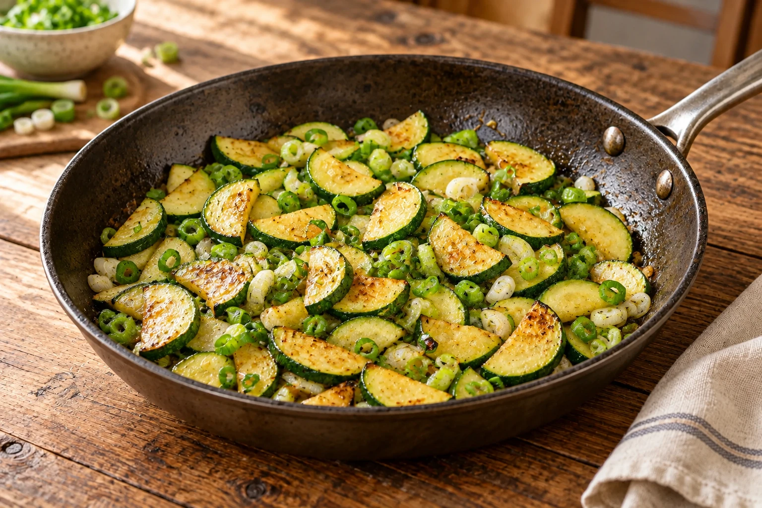 Zucchini und Frühlingszwiebeln braten in einer Pfanne ohne sichtbare Flüssigkeit