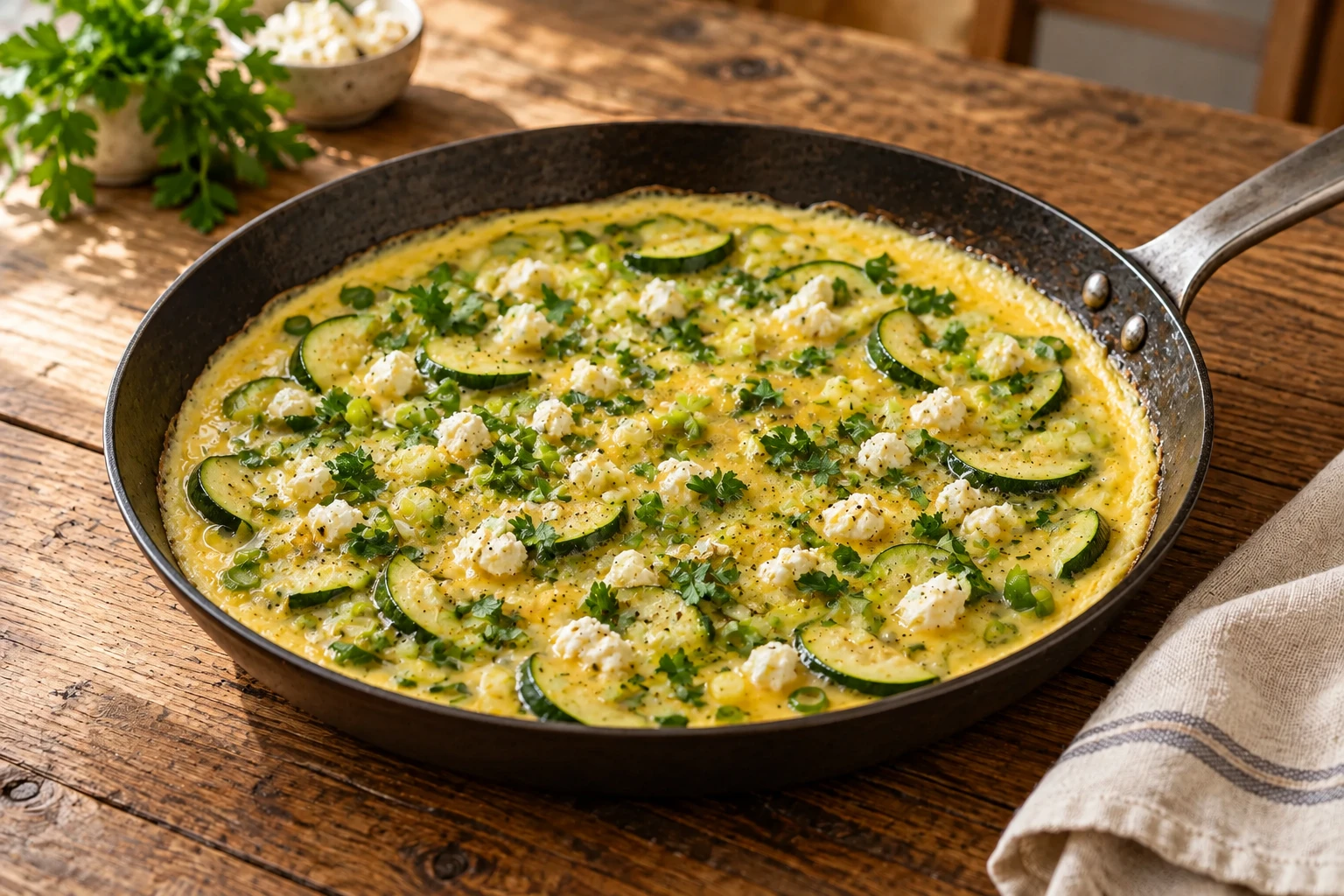 Eiermasse mit Feta und Zucchini stockt am Pfannenrand an