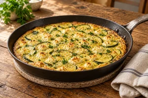 Fertig gegarte Frittata mit gestockter Mitte auf einem Untersetzer
