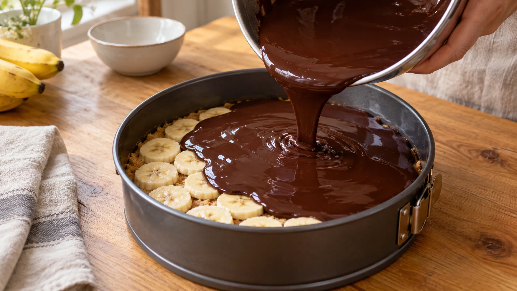 Dunkle Schokoladen-Ganache wird aus einer Schüssel über Bananenscheiben in einer Springform gegossen.