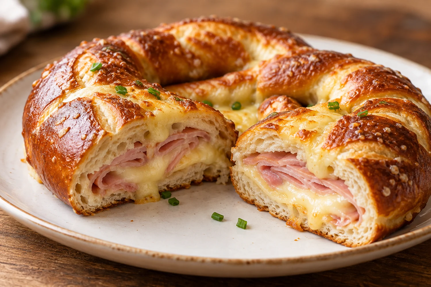 Aufgeschnittene überbackene Brezel mit saftiger Schinken-Käse-Füllung und brauner Kruste