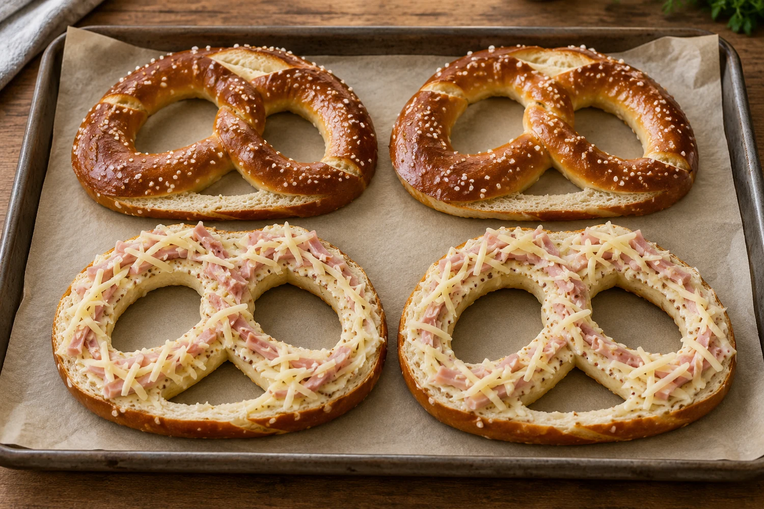 Offene Brezelhälften mit einer dünnen Schicht Schinken und geriebenem Käse auf Backpapier