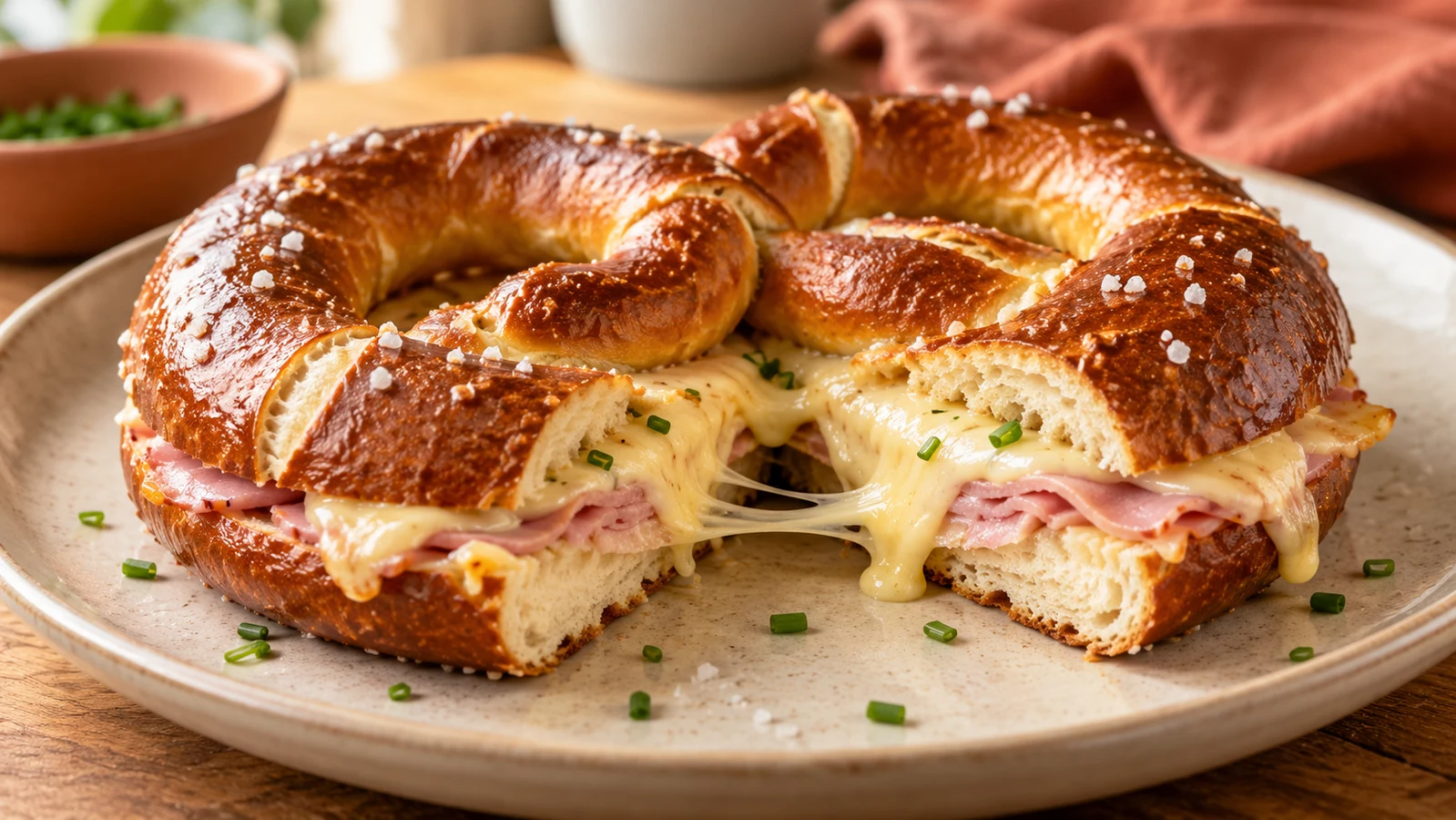 Warme Laugenbrezel mit Kochschinken und geschmolzenem Käse, in zwei Stücke geteilt