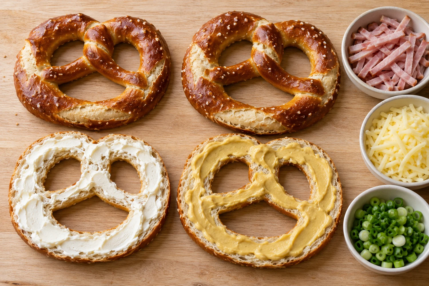 Waagerecht aufgeschnittene Laugenbrezeln mit Frischkäse, Senf, Schinkenstreifen und geriebenem Käse