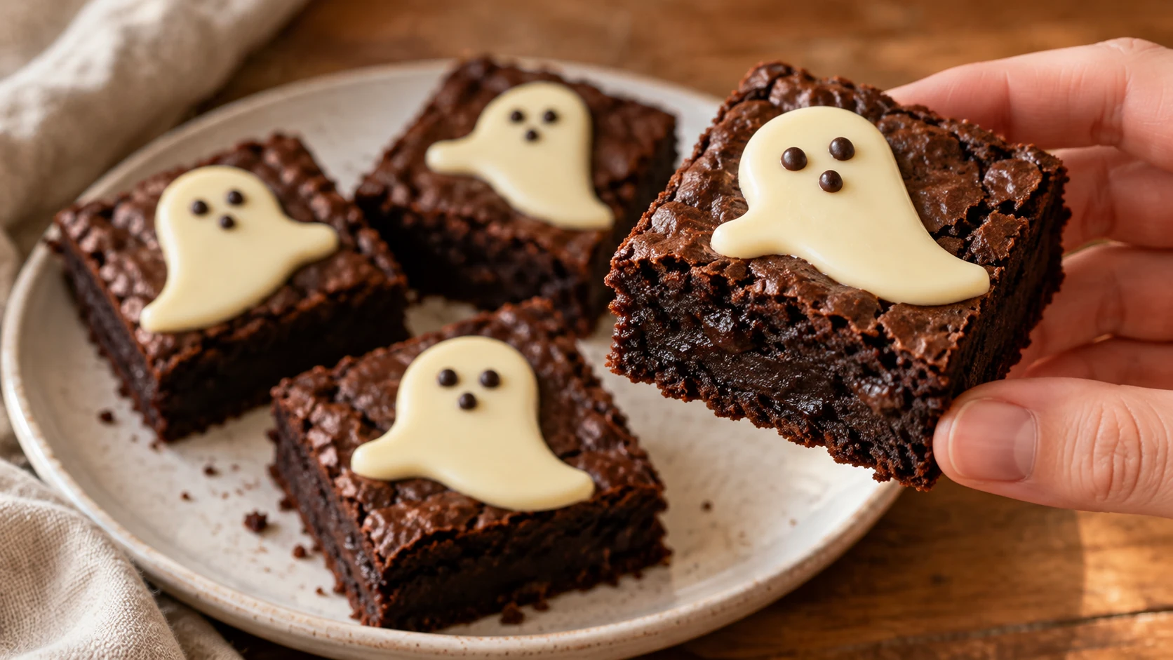 Dunkle Browniequadrate tragen flache Geister aus weißer Schokolade mit kleinen dunklen Augen.