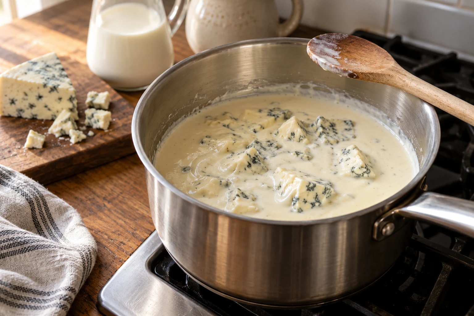 Gorgonzola schmilzt bei kleiner Hitze in Sahne und Milch