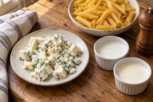 Gorgonzolastücke mit Sahne, Milch und trockenen Penne