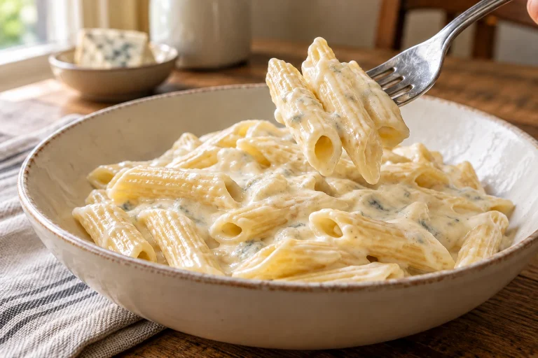 Penne mit cremiger Gorgonzolasauce auf einer Gabel über einer Schale