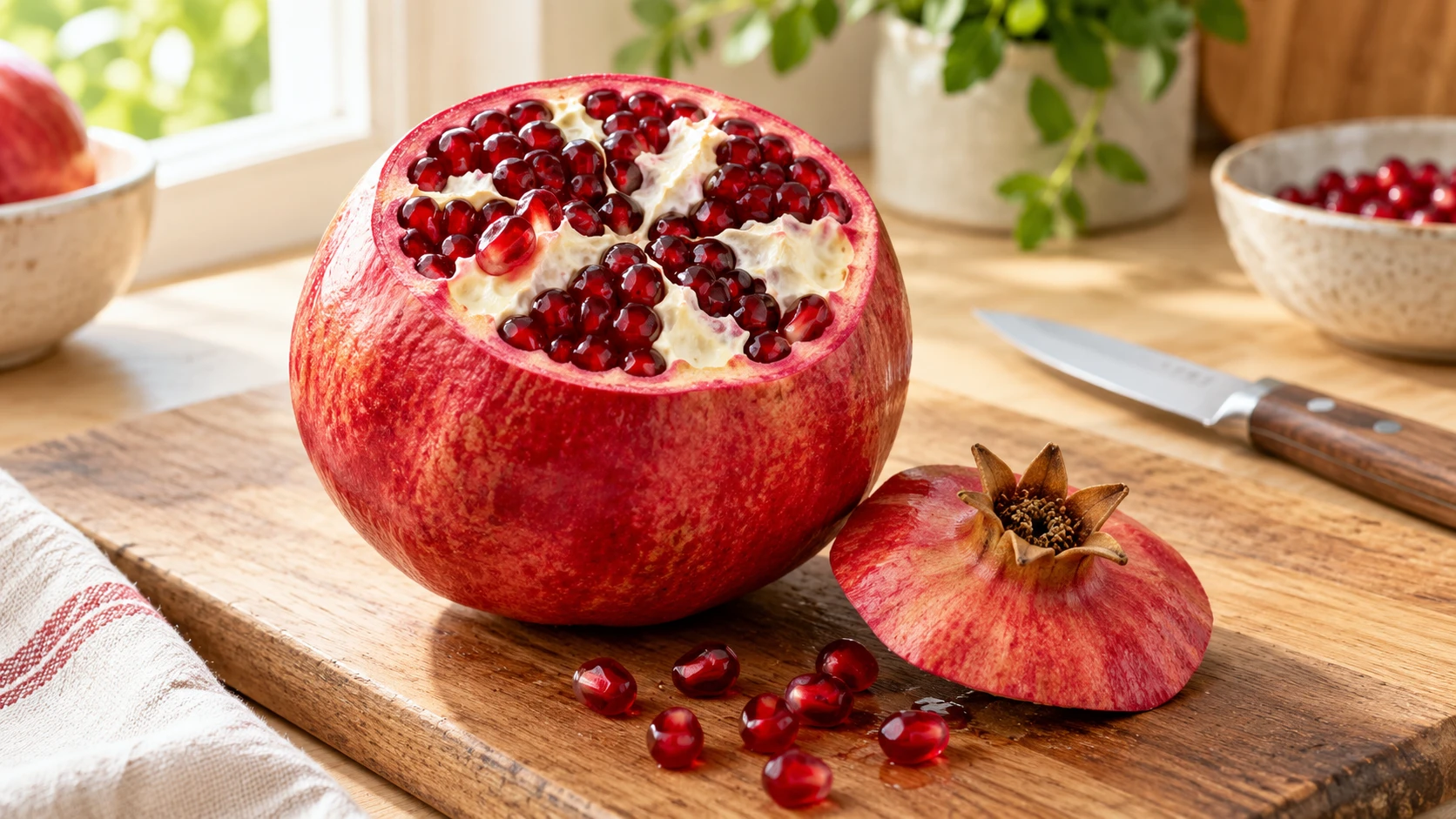 Granatapfel mit abgenommener Krone und sichtbaren hellen Kammerwänden.