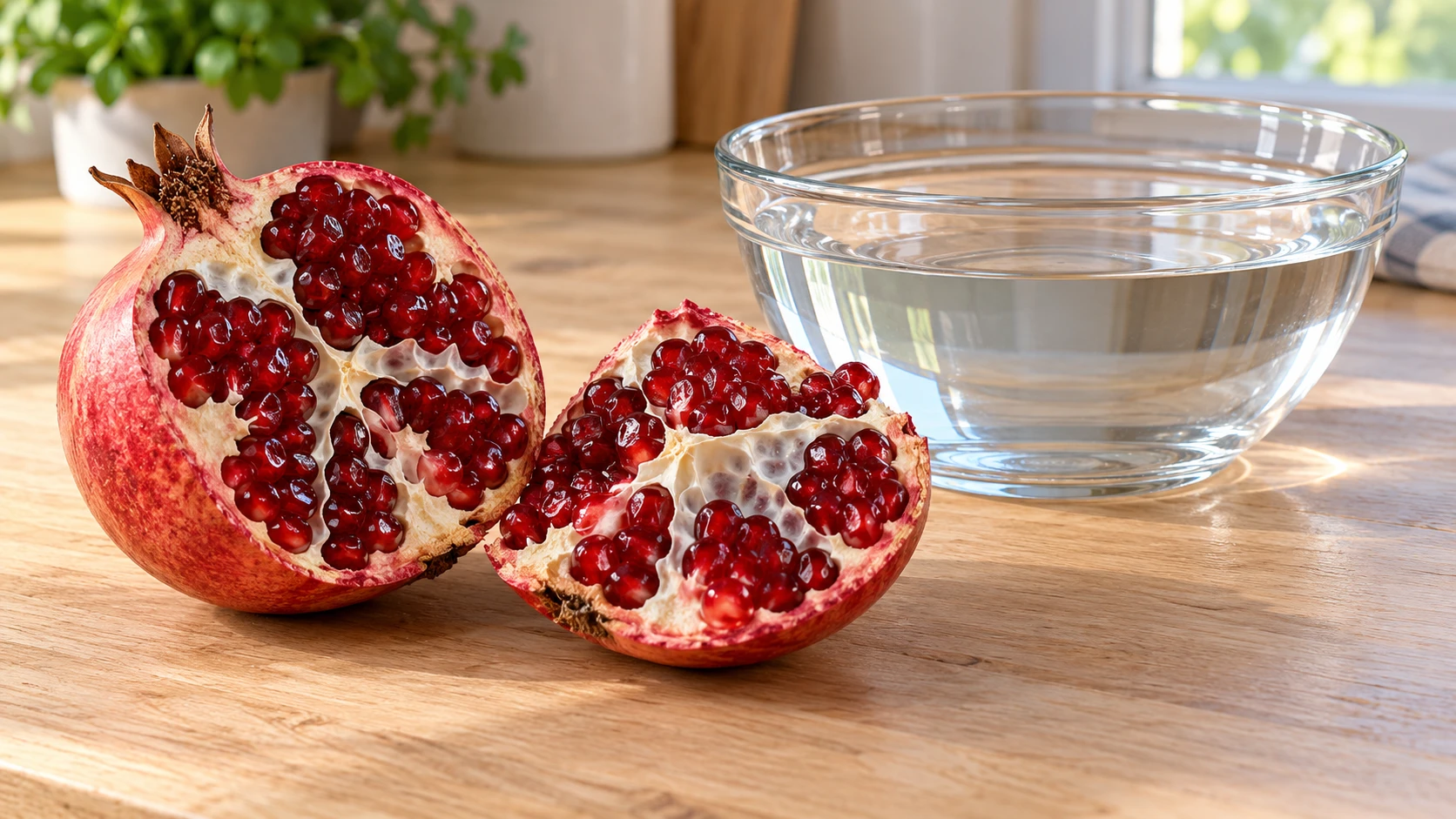 Geöffneter Granatapfel mit hellen Trennwänden neben einer Schüssel Wasser.