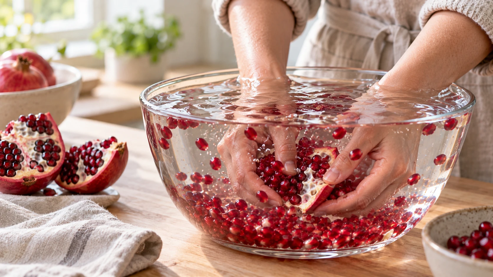 Hände lösen Granatapfelkerne von einem Fruchtstück unter Wasser.