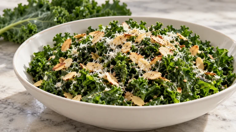 Grünkohlsalat mit Mandelblättchen und fein geriebenem Parmesan in einer weißen Schale