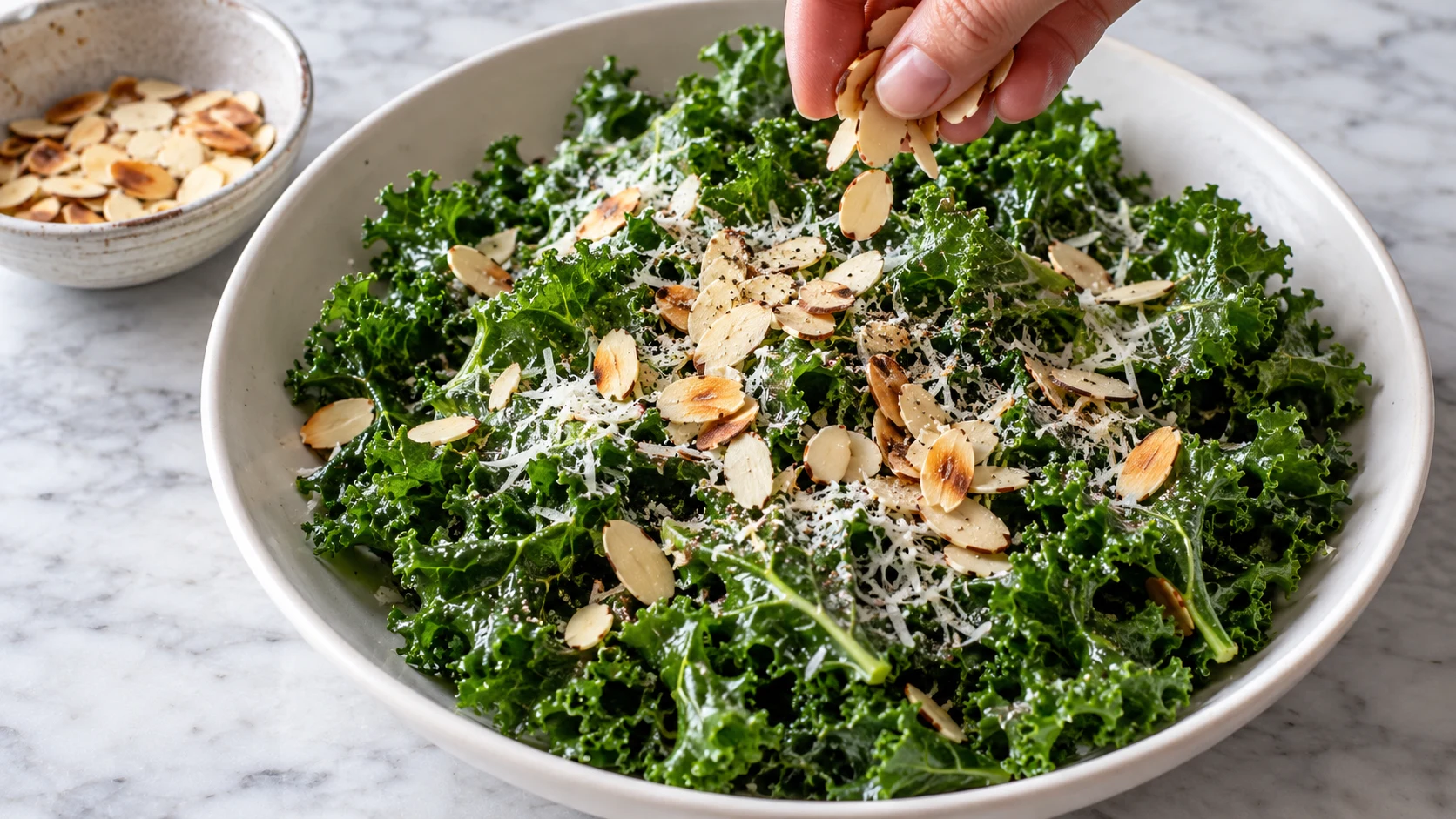 Geröstete Mandelblättchen und fein geriebener Parmesan liegen auf dem angemachten Grünkohl