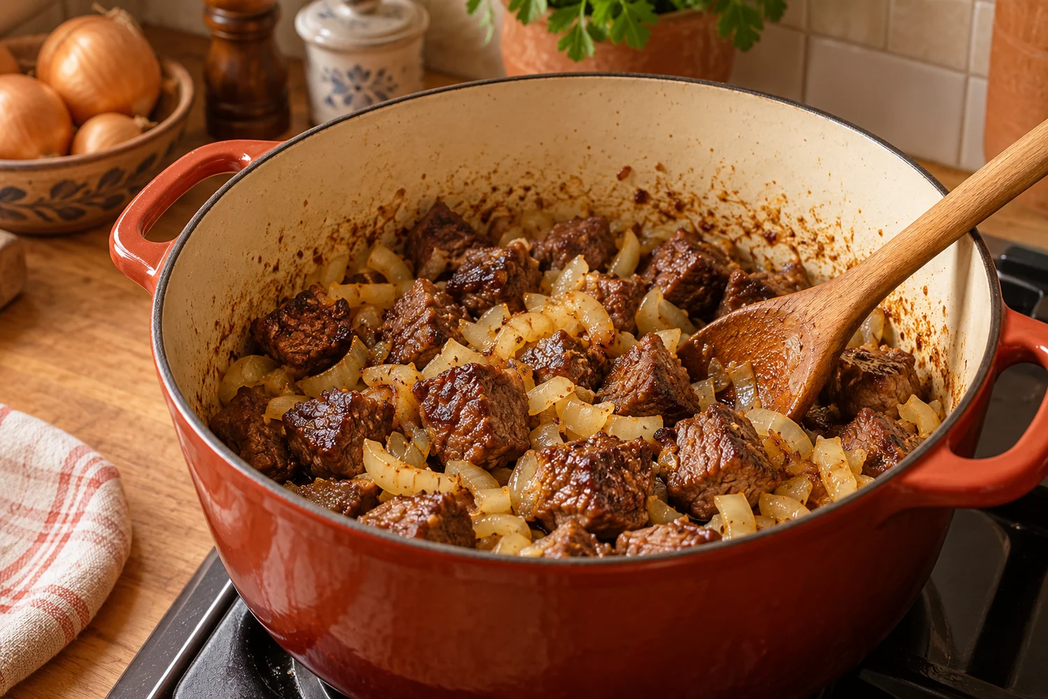 Gebräunte Rindfleischwürfel und Zwiebeln in einem schweren Topf