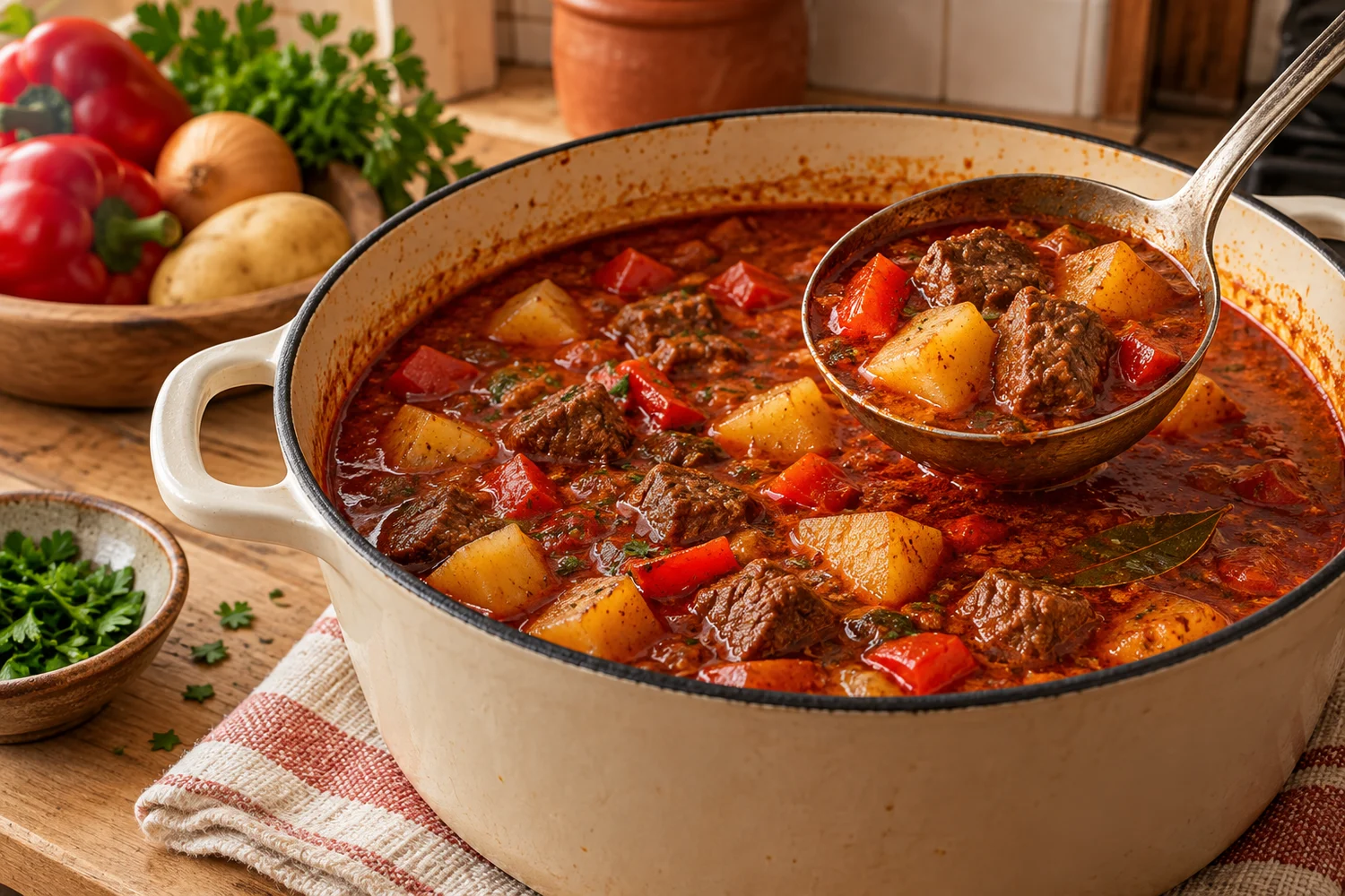 Fertige Gulaschsuppe im Topf mit formstabilen Kartoffeln auf einer Kelle