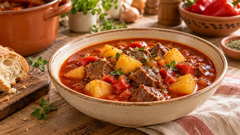 Gulaschsuppe mit Rindfleisch, Paprika und ganzen Kartoffelwürfeln