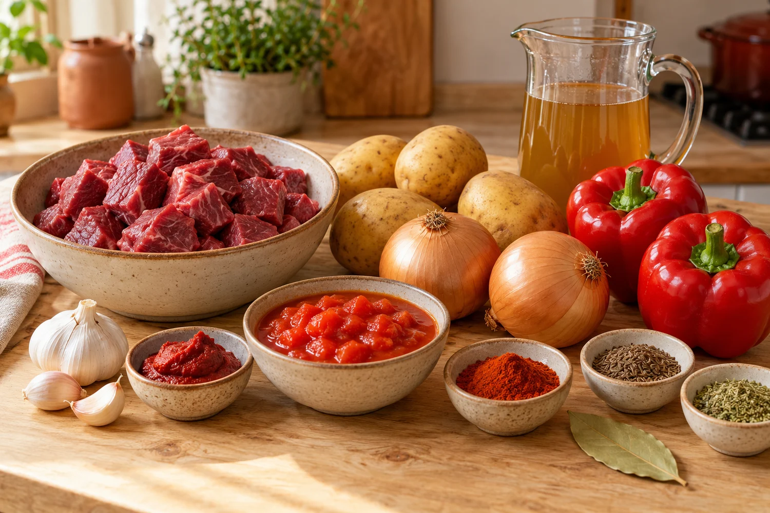 Rindergulasch, Kartoffeln, Zwiebeln, Paprika, Tomaten, Brühe und Gewürze