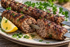 Aufgeschnittener gegrillter Hackfleisch-Spieß mit saftiger durchgegarter Mitte und gebräunter Kruste