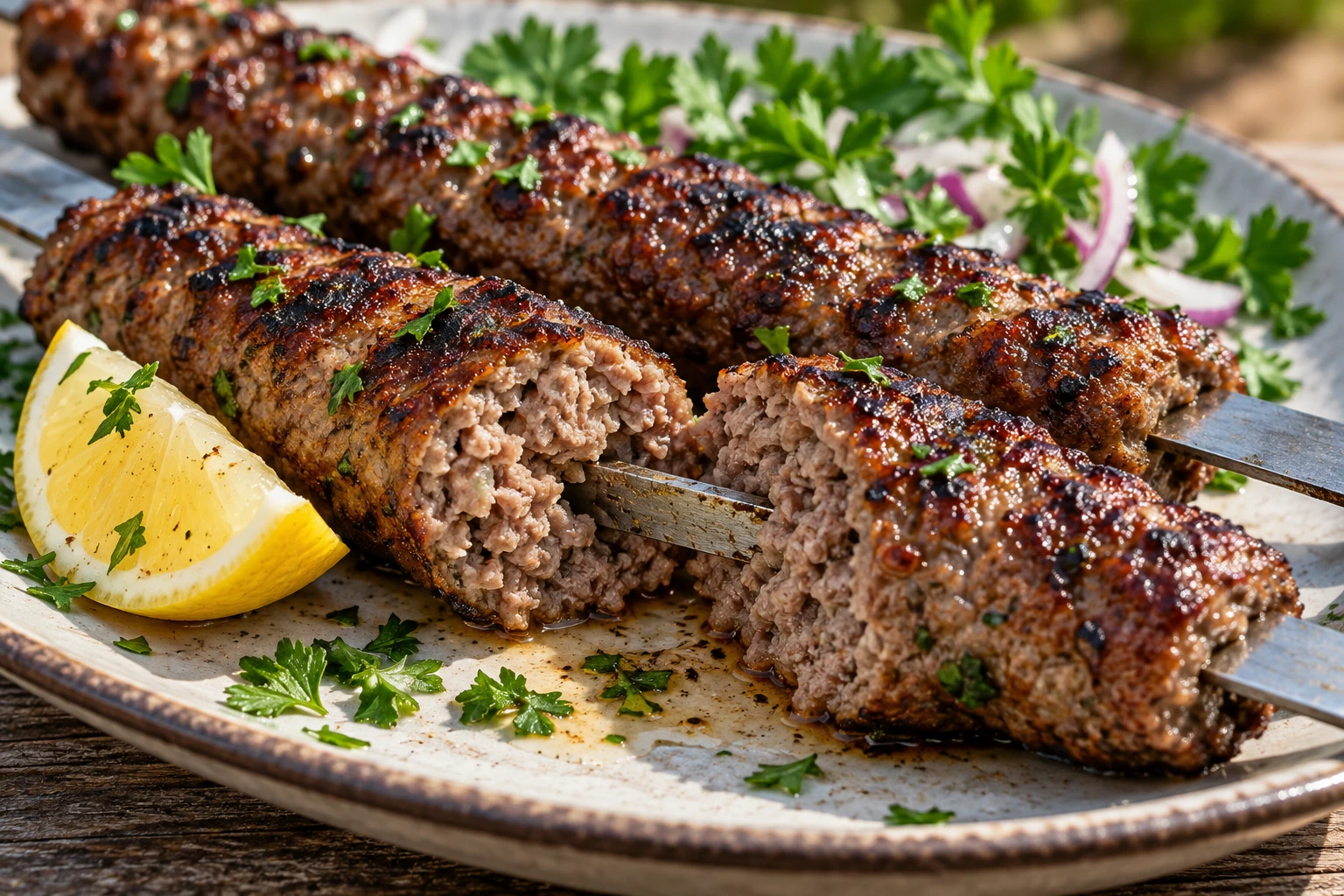 Aufgeschnittener gegrillter Hackfleisch-Spieß mit saftiger durchgegarter Mitte und gebräunter Kruste