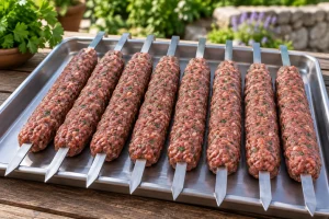 Rohe längliche Hackfleischportionen fest um flache Metallspieße auf einer Platte geformt