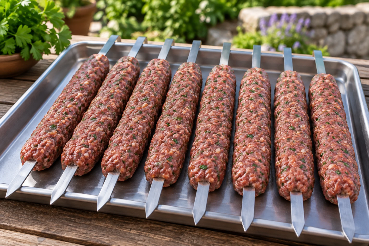 Rohe längliche Hackfleischportionen fest um flache Metallspieße auf einer Platte geformt