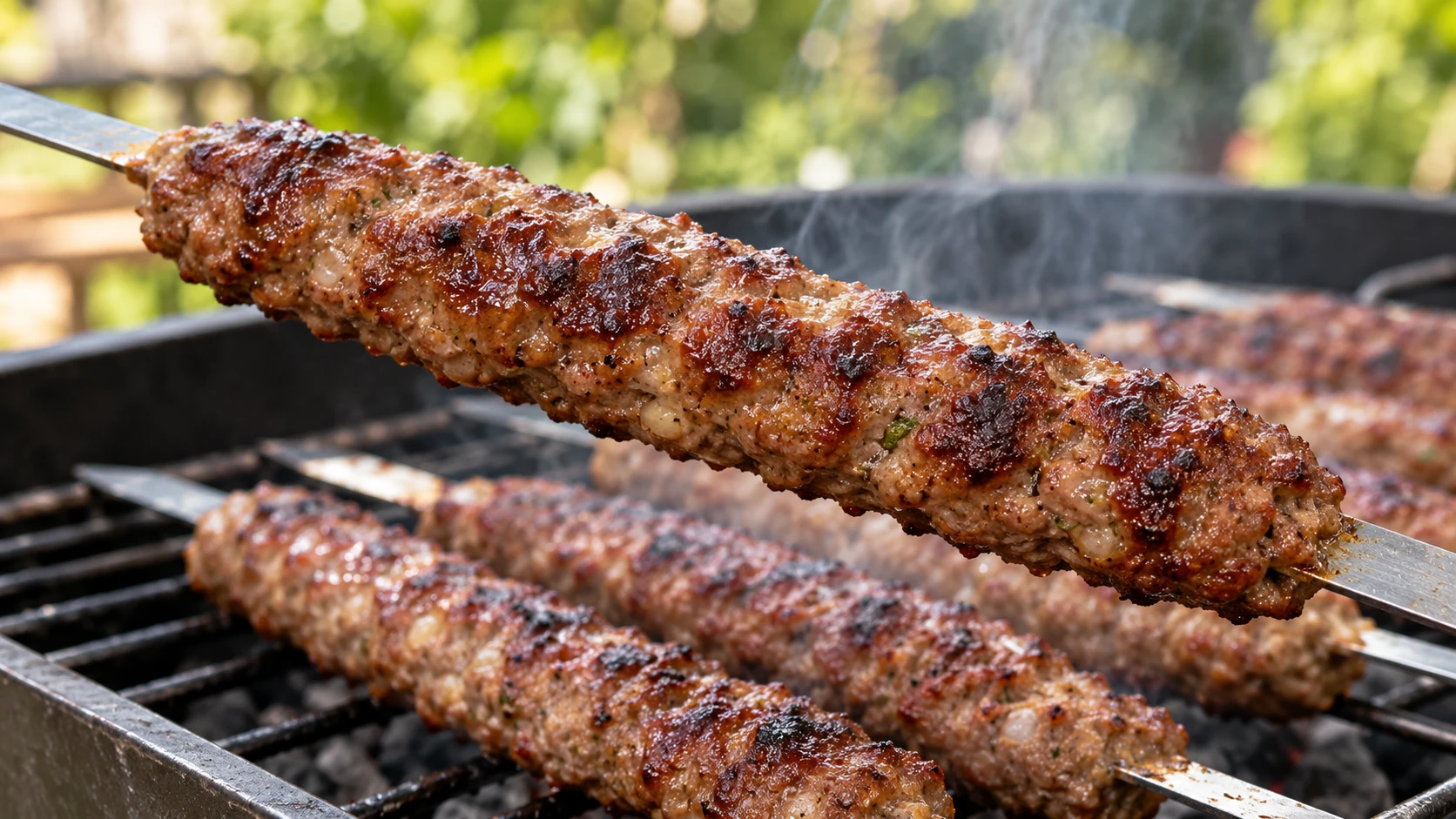 Gebräunter Hackfleisch-Spieß wird mit sichtbarer Röstkruste vom Grill gehoben