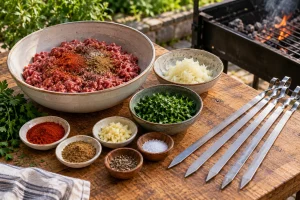 Gewürztes Hackfleisch mit ausgedrückter geriebener Zwiebel, Petersilie und flachen Metallspießen