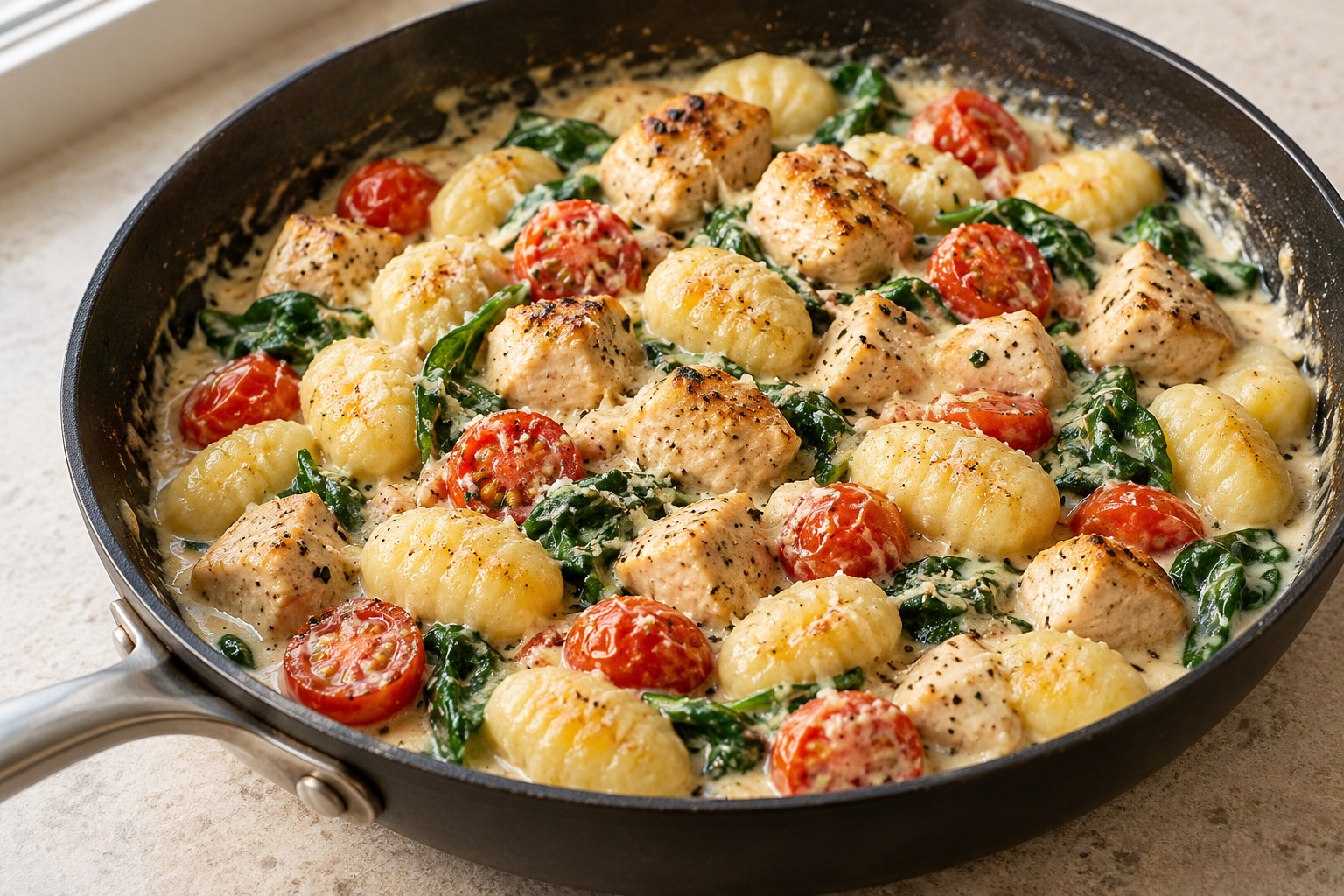 Gnocchi und Hähnchen mit Tomaten und Spinat in cremiger Sauce
