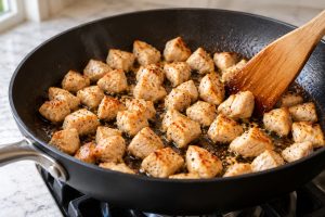 Hähnchenwürfel werden portionsweise in einer Pfanne angebraten