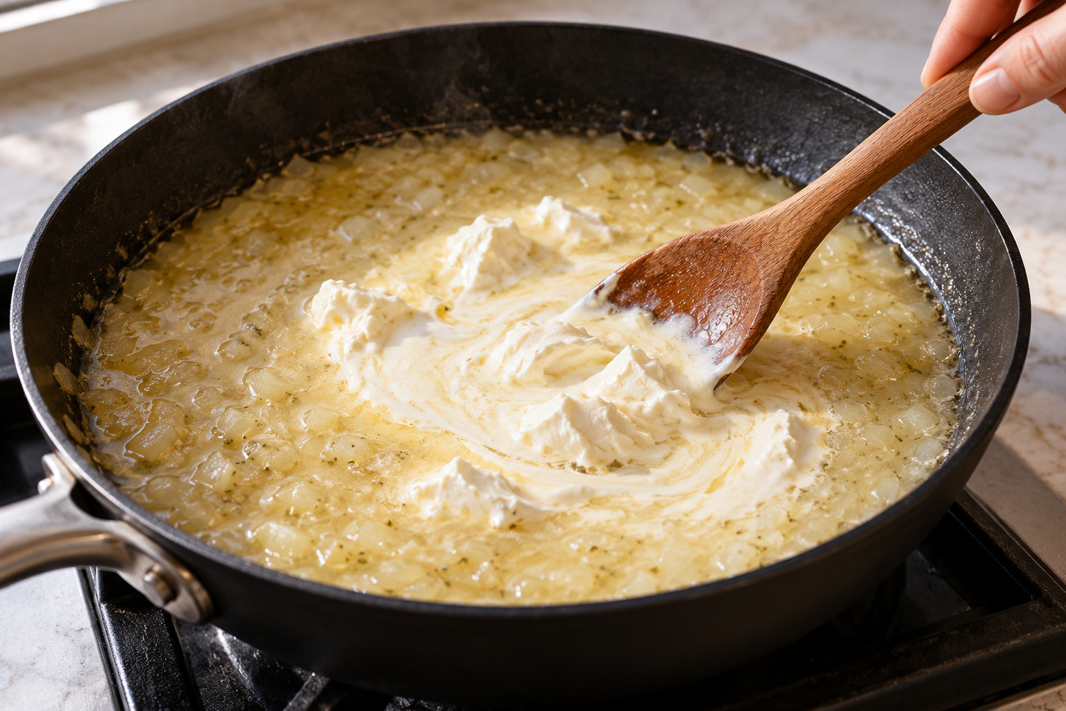 Frischkäse wird in die warme Brühe eingerührt