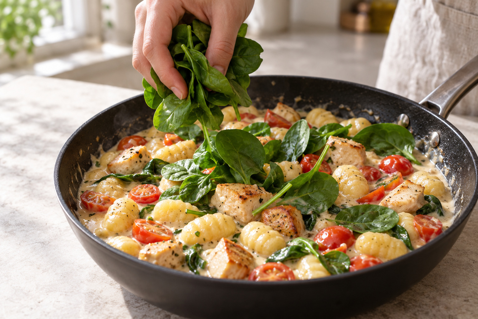 Frischer Spinat wird zuletzt unter Gnocchi und Hähnchen gehoben