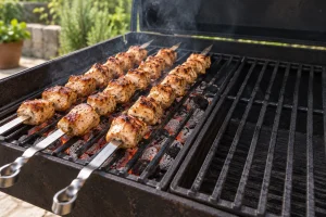 Hähnchenstücke mit kleinen Abständen auf Metallspießen über dem Grill neben einer freien kühleren Zone
