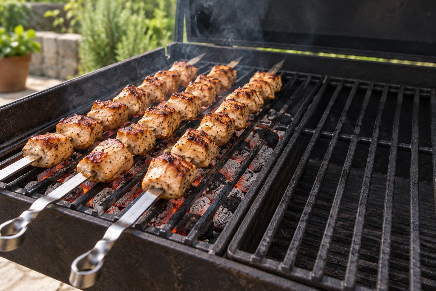Hähnchenstücke mit kleinen Abständen auf Metallspießen über dem Grill neben einer freien kühleren Zone