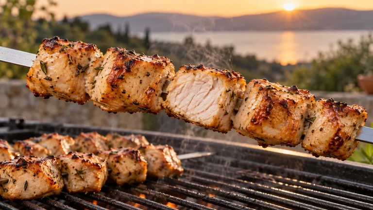 Gegrillter Hähnchenspieß mit gebräunten Kanten und aufgeschnittenem Fleischstück über dem Grillrost
