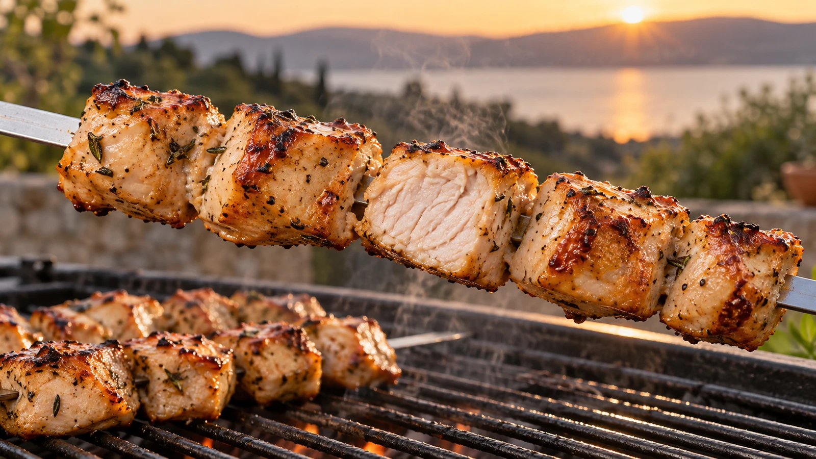 Gegrillter Hähnchenspieß mit gebräunten Kanten und aufgeschnittenem Fleischstück über dem Grillrost