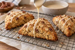 Ein Löffel zieht helle Ahornsirupglasur über gebackene Hafer-Pekan-Scones auf einem Gitter
