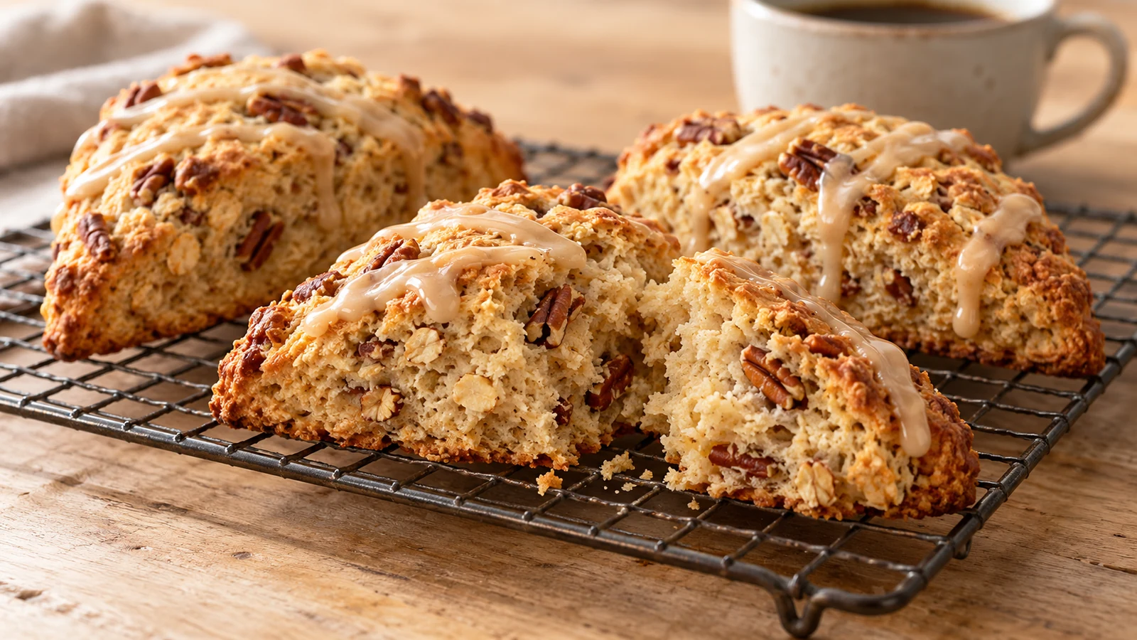 Hafer-Pekan-Scones mit Ahornsirupglasur auf einem Kuchengitter, ein Stück aufgebrochen